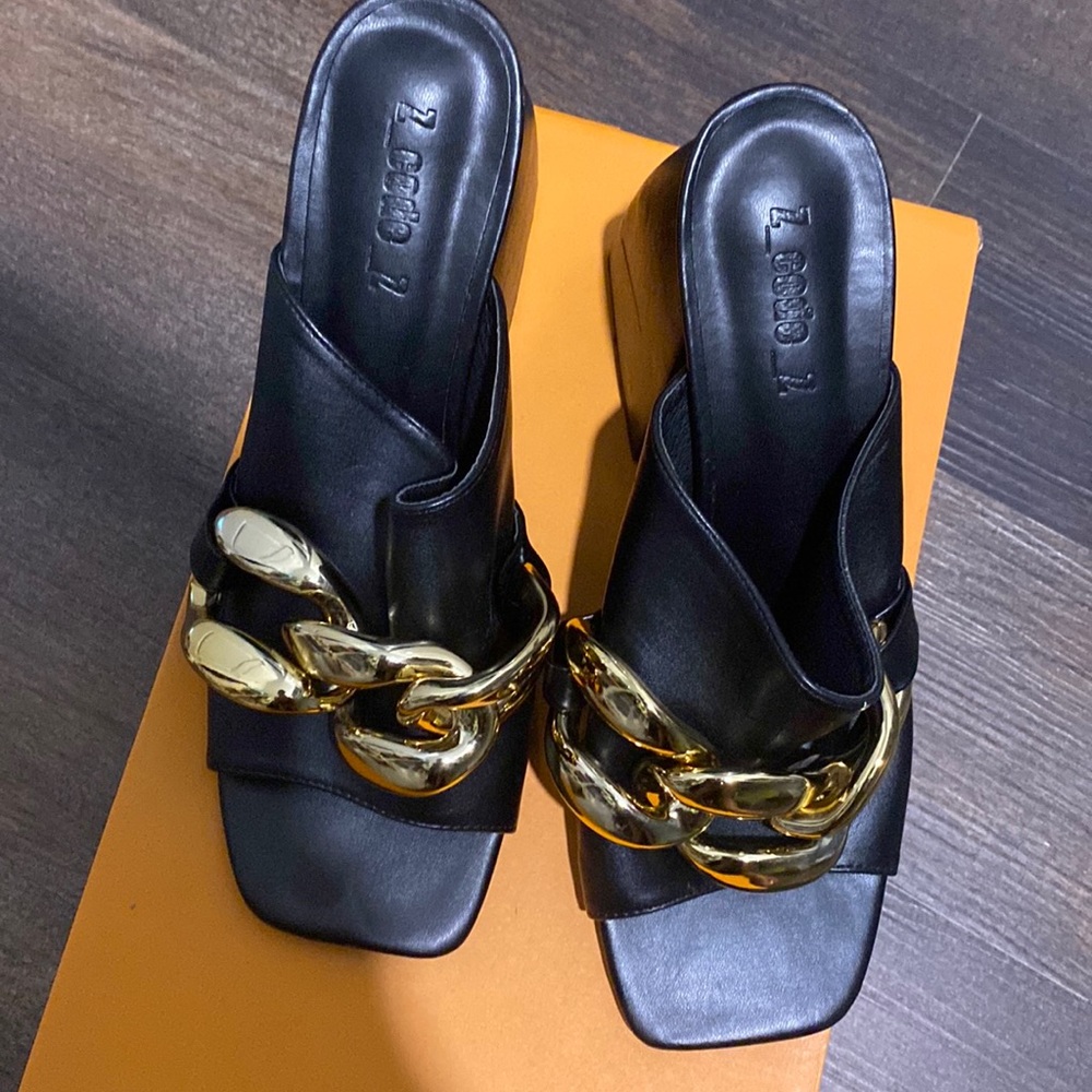 ASOS brand block heels with gold chain detail. Size 9